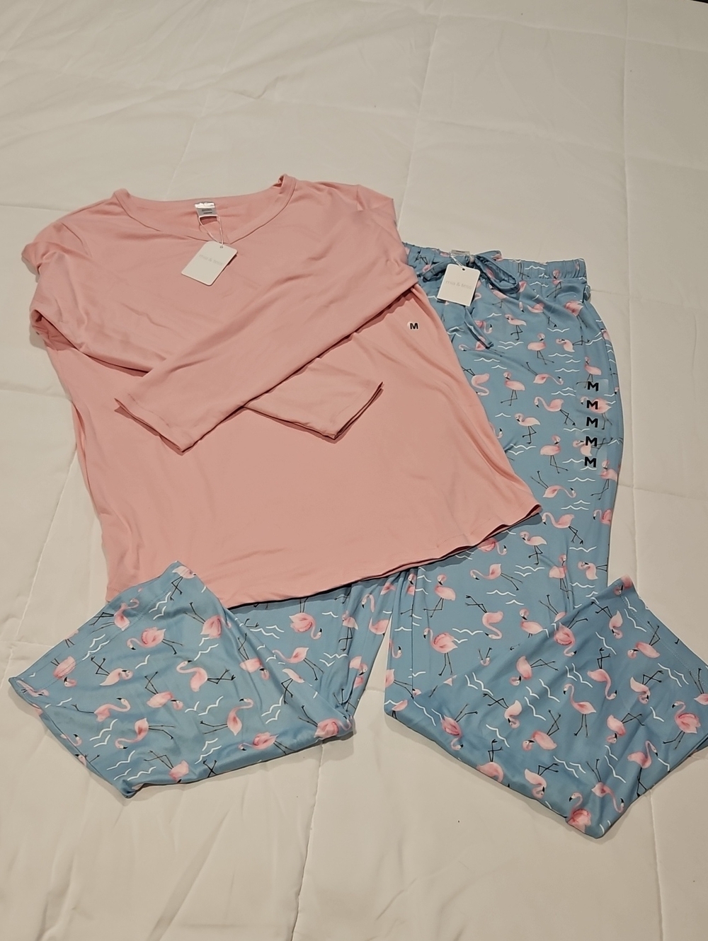 Women's Pink Top & Blue Flamingo Print Pajama Set
